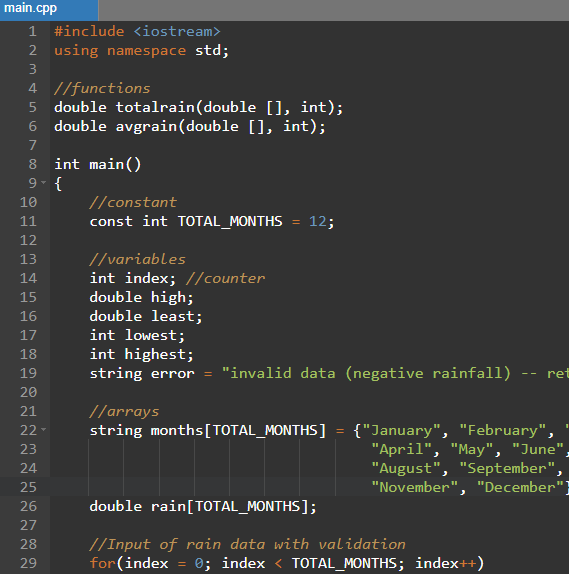 C++ Project: Average Rainfall Calculation Using Arrays and Functions Other Than Main