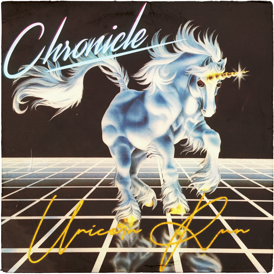 chronicle album cover, sparkling galloping unicorn