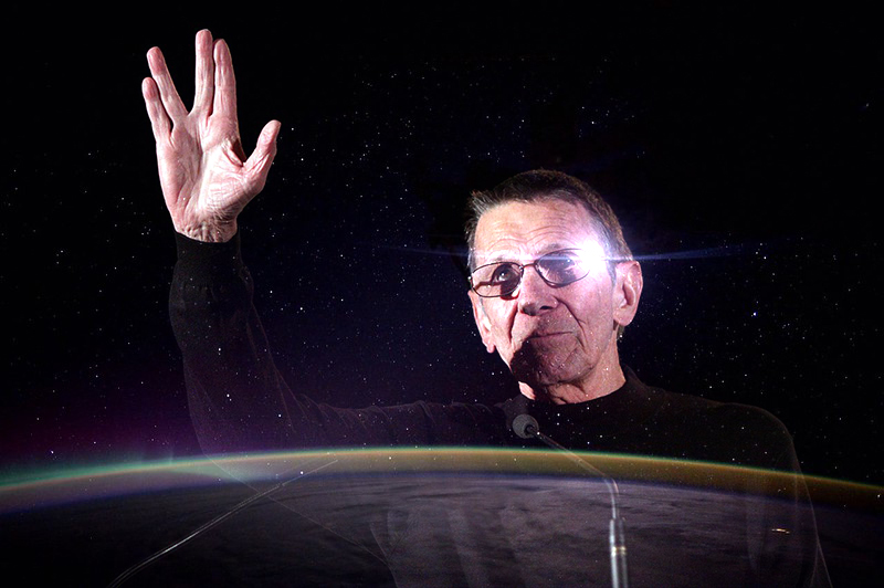 Leonard Nimoy vulcan salute, translucent over space