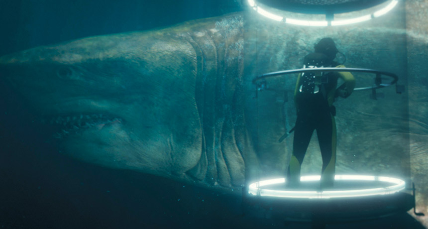 The Meg swimming by shark cage